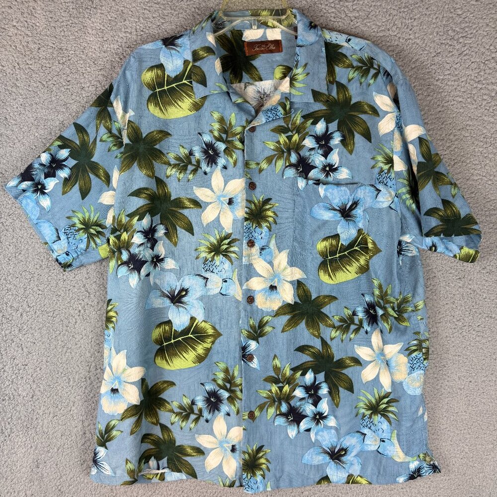 Tasso Elba Blue Floral Hawaiian Silk Shirt Men’s XL Short Sleeve Tropical